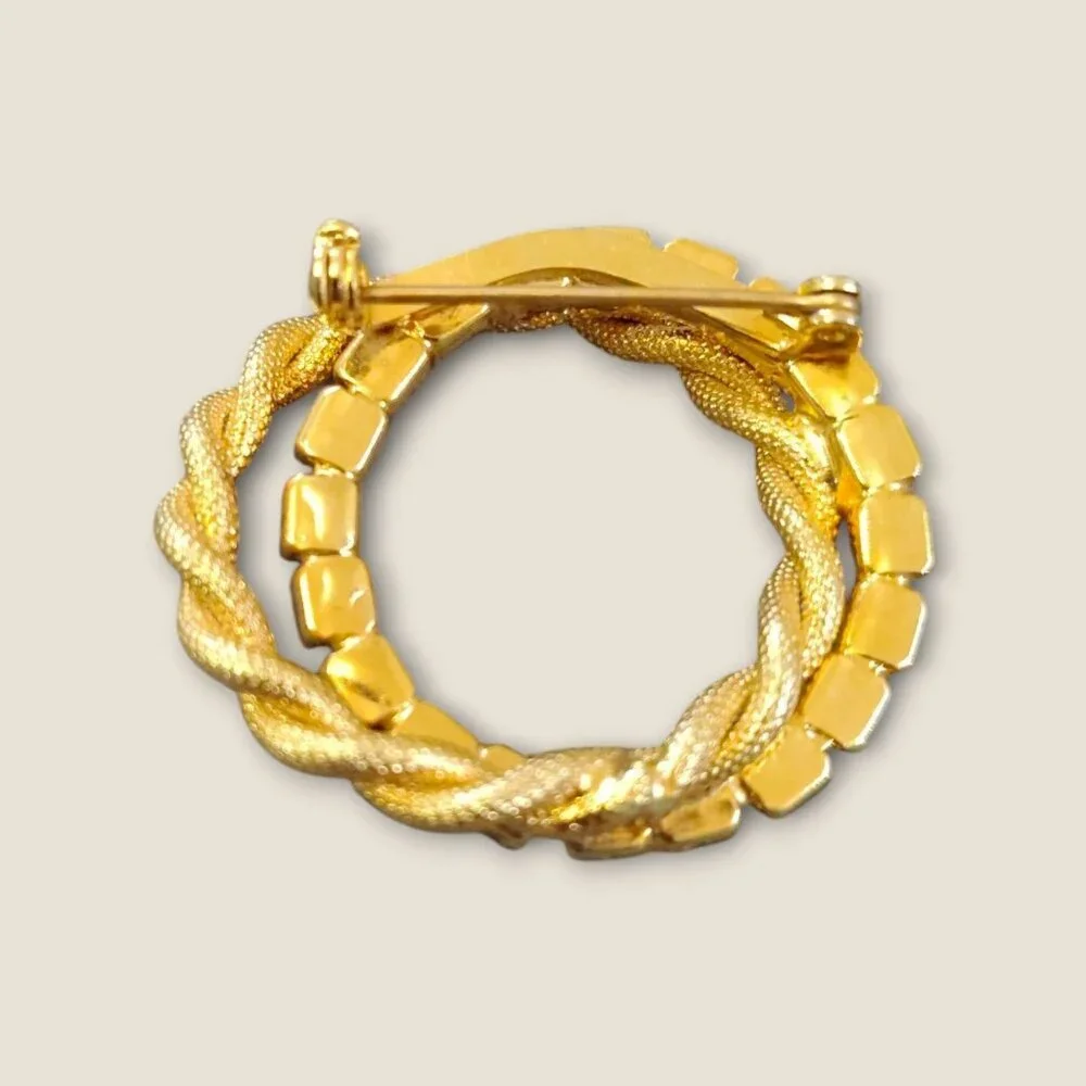 Vintage Gold-Tone Circle Brooch With Red Rhinestones & Textured Twist Design